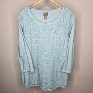 Chico's Light Blue Paisley Women's Top Roll-Tab Sleeves Size 1